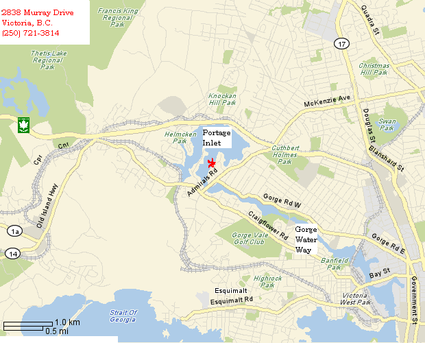 map to locate waterfront bed and breakfast in Victoria, BC